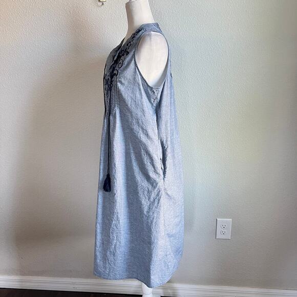Roaman's Pintuck Embroidered Chambray Sun Dress Women's 16 Cotton Tasseled - Picture 4 of 7